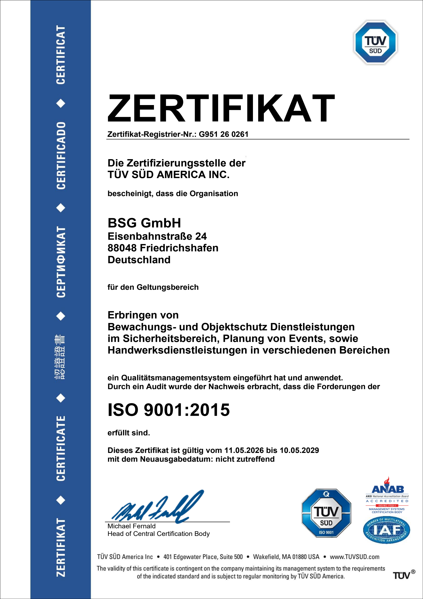 ISO 9001:2015 Zertifikat der BSG GmbH